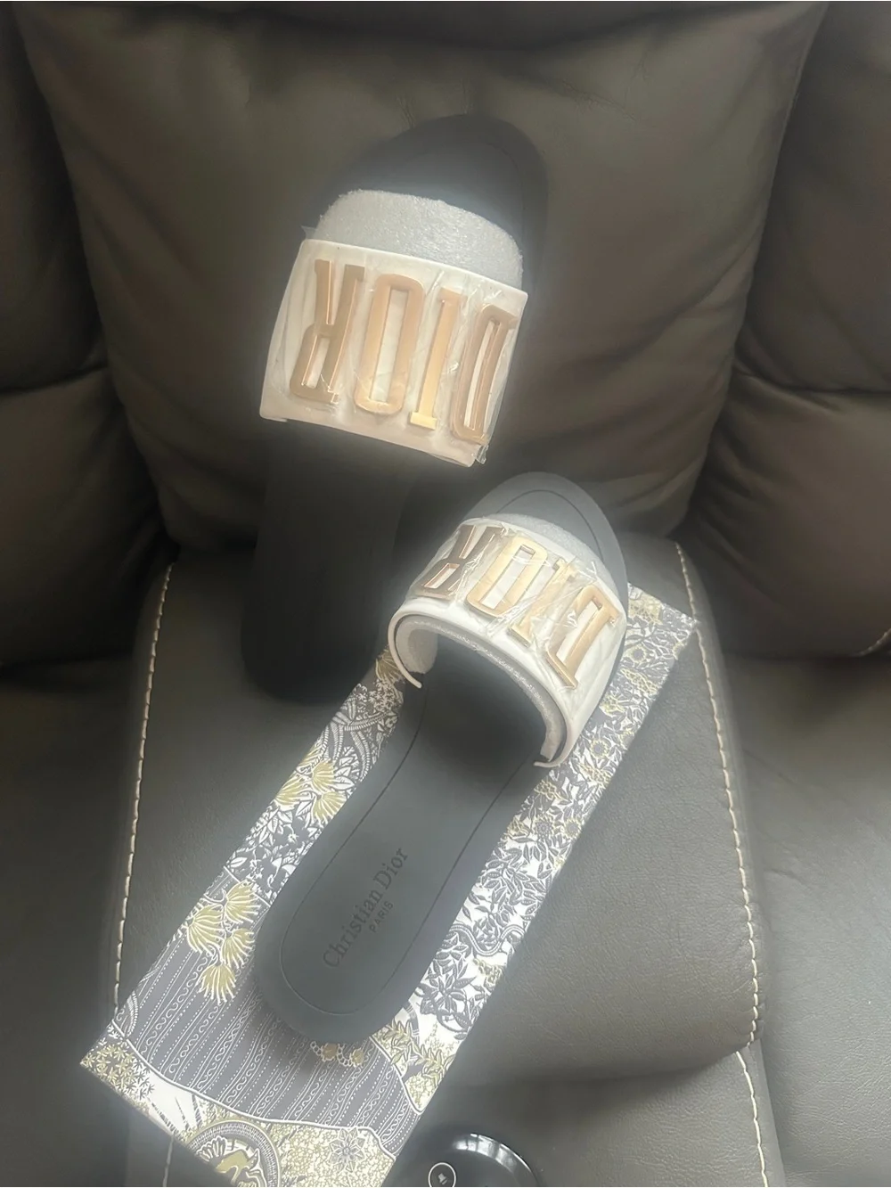 White and Gold Logo Kids Slide Sandals